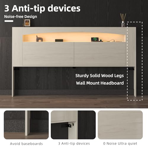 King Size Wooden Headboard Only with Storage(Off-White, King)