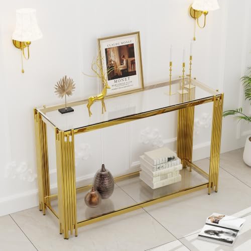 51" Luxury Glass Coffee Table Set of 4, Modern Console Table with 2 End Tables, Clear Tempered Glass Top & Golden Stainless Steel Leg, 4-Piece Living Room Table Set for Apartment Home Decor