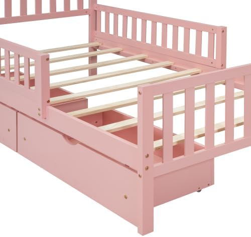 Bellemave Girls Twin Bed Frame with Fences and 2 Drawers, Kids Twin Platform Bed with Guardrails on Both Sides, Pink