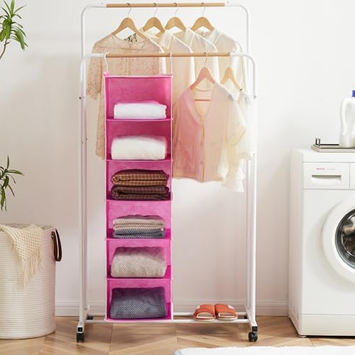 6-Shelf Hanging Closet Organizer with 2 Sturdy Hooks, Pink