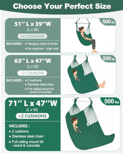 Lulladle 70.9"L XXL Hammock Chair Swing w/2 Cushions & Hardware Kit, 500lbs