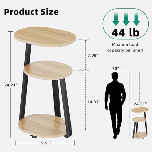 Side Table, Small End Table with Metal Frame, 3-Tier Bedside Tables, Round Side Tables for Living Room Bedroom Couch Bathroom, Oval, Modern Oak