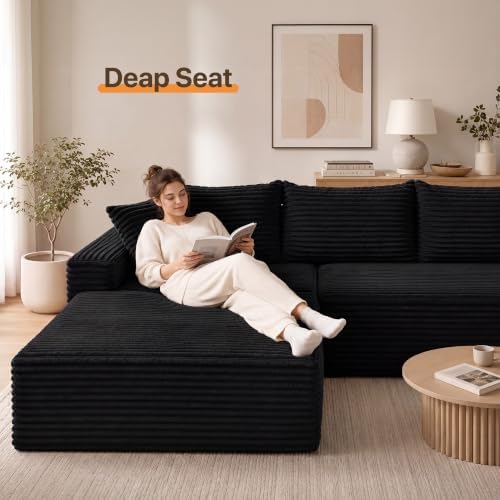 Claiks 120" Boneless Couch, U-Shape Corduroy Sectional Sofa, Black