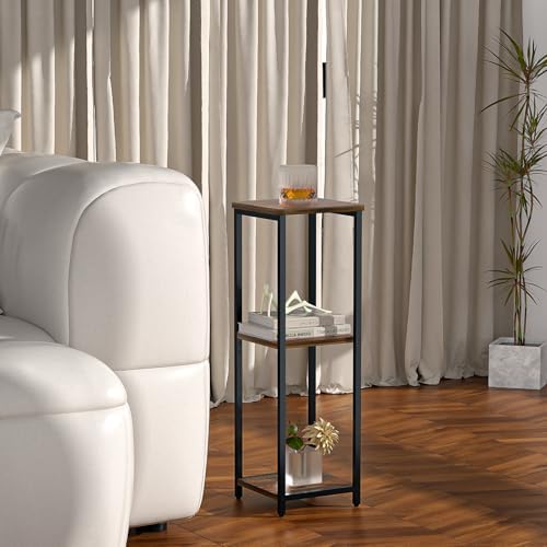 10" Wide Square Drink Table with Adjustable Feet - 3-Tier Small Side Table for Apartments, Balcony & Office | Space-Saving, Lightweight & Multi-Functional (Plants, Books, Drinks, Brown)