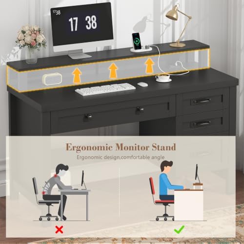 47" Farmhouse Computer Desk with Drawers & Outlets for Home Office, Bedroom