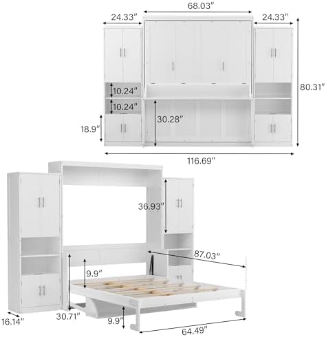 PVWIIK Queen Size Murphy Bed with Drawers & Desk,Charging Station & Storage Shelf for Small Space,Bedroom,Guest Room,Hidden Wall Bed Frame Folding into Cabinet Design,White