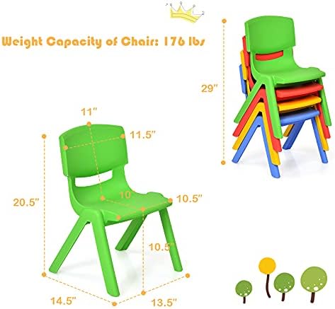 KOTEK Plastic Table and 4 Chair Set, Green Table & Assorted Color Chairs, Play and Learn Furniture, Activity Table w/Stackable Chairs (8 Chairs)