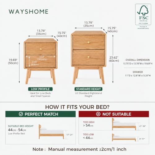 100% Solid Wood Nightstand, Natural Oak Nightstands with 2 Drawers, Mid Century Modern Night Stand, Small Bedside Table for Low Bed, Wooden Night Stands for Bedroom(19.69" H)