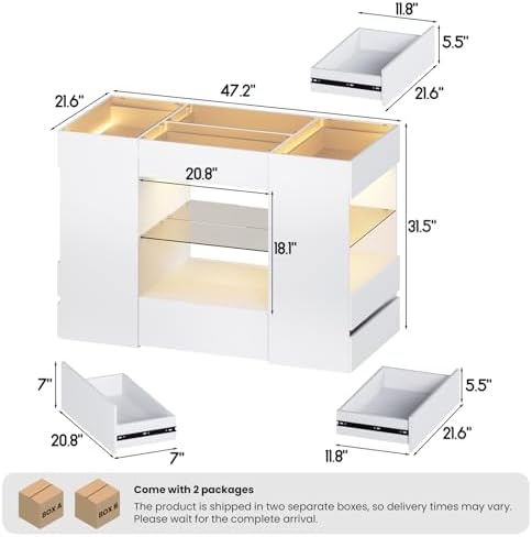Kikihouse Modern Closet Island with 10 Drawers with LED (White+Amber Glass)