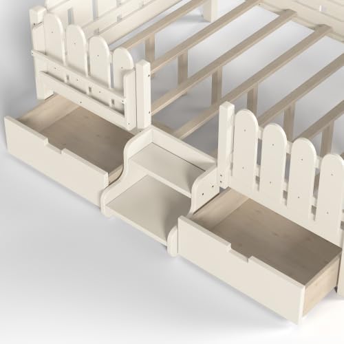 Bellemave Full Size Platform Bed with Storage Drawers & Bookshelf for Boys Girls, Kids Full Bed Frame with LED Lights & Stairs for Children's Room, Beige