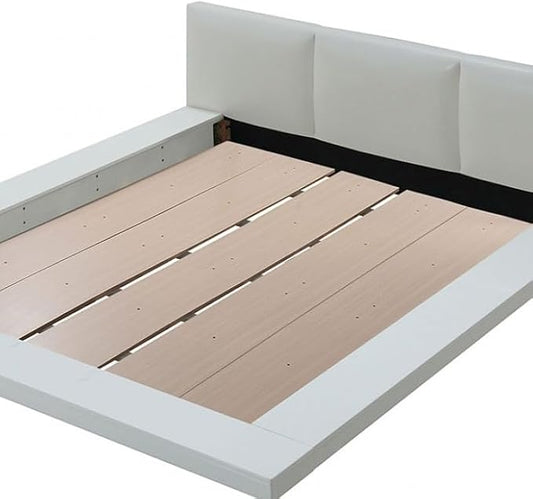First of a Kind Queen Size Contemporary Bedroom Furniture 4 Piece Set in White - Low Profile Bed, Padded Headboard & High Gloss Finish - Bed, Dresser, Mirror & Nightstand Set