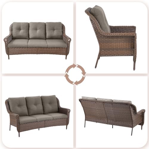 Patio Couch Outdoor Wicker Sofa - Heavy Duty All-Weather Brown Rattan 3-Seater with High Back and Comfortable Thick Cushions for Garden Back Porch Poolside Apartment - Grey