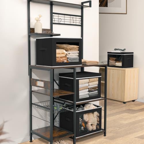 Storage Bins with Lids, 4 Pack Large Storage Cubes with Window, Closet Bins with Lids & Handles, Fabric Box for Organizing Clothes, Towels, Books, Black