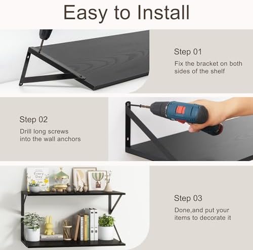 10 Inch Deep Floating Shelves, Black Floating Shelves 30 Inch Long, Rustic Wood Wall Shelves 30"W x 10"D, Deep Floating Shelf with Bracket, Wide Storage Shelves for Books, Living Room, Bathroom