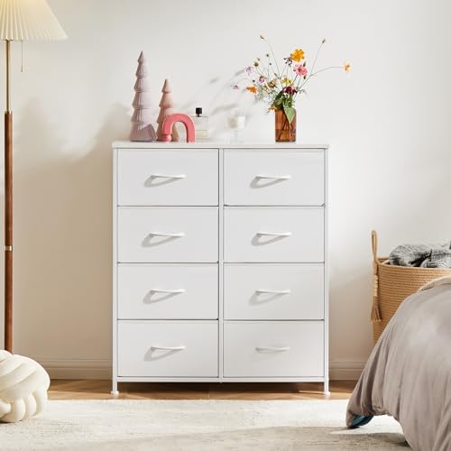Sweetcrispy 8 Drawer Fabric White Dresser for Bedroom, Tall Double Dresser