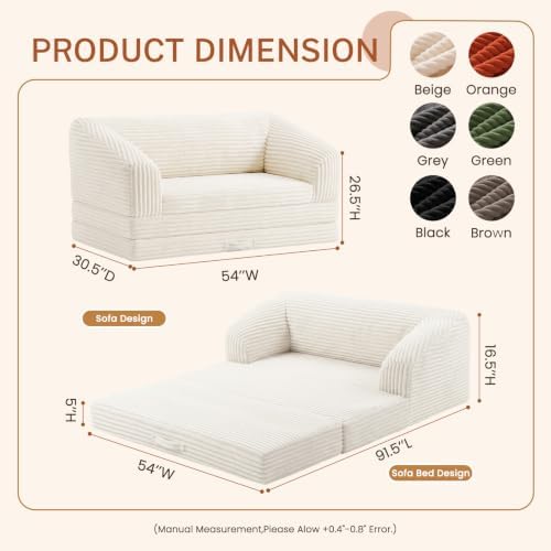 Convertible Boneless Loveseat Sleeper Sofa Bed, 54'' Small Couch Bed, Beige
