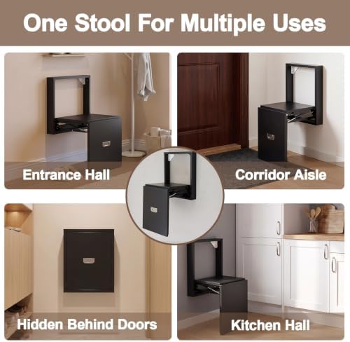 1 Pcs Wall Mounted Folding Chair, Modern Entryway Shoe Changing Stool, 330lbs Capacity, Extra-Wide Seat, Invisible Folding Chair for Hallway, Hidden Shoe Bench for Most Homes (Black)