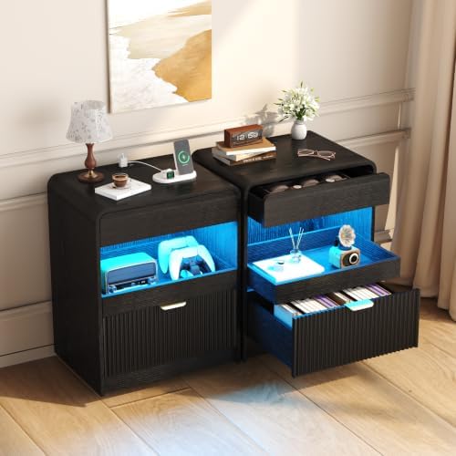 Yusong Modern Fluted Nightstand with Charging Station & Dimmable LED Light, Curved Edge Bedside Table with Pull‑Out Storage Drawers, Wooden End Side Cabinet for Bedroom(Black)