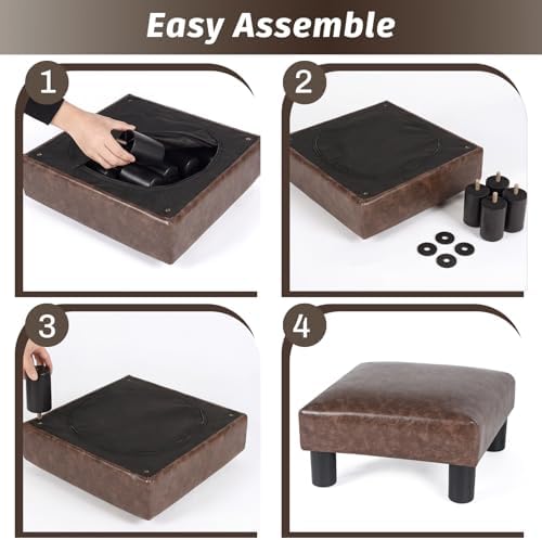 Joveco Small Footstool Ottoman Upholstered PU Leather Square Footrest Ottomans Small Foot Rest for Desk Couch Living Room Bedroom Office (Brown)