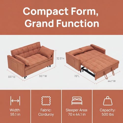 3 in 1 Convertible Sofa Bed, Corduroy Fabric Sleeper Sofa Bed, Modern Pull Out Couch with Side Pockets, Sleeper Couch with Adjustable Backrest for Living Room, Bedroom, Orange