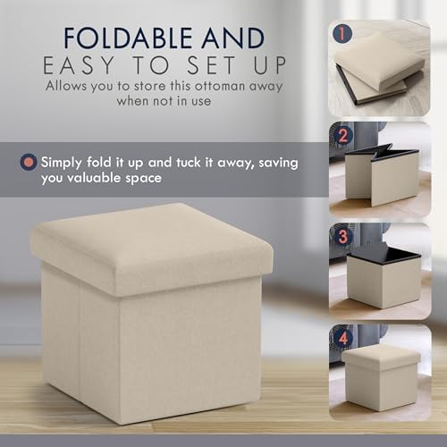 Ornavo Home Small Square Storage Ottoman, Foldable Linen, 12x12x12, Beige