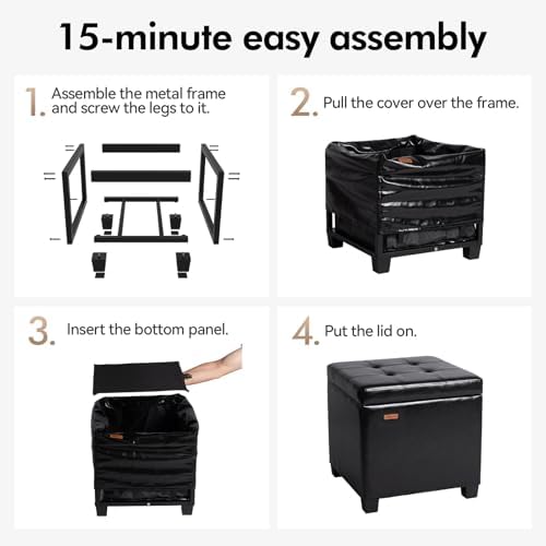 ABHENG Steel Frame Square Ottoman with Storage Black UASND63B