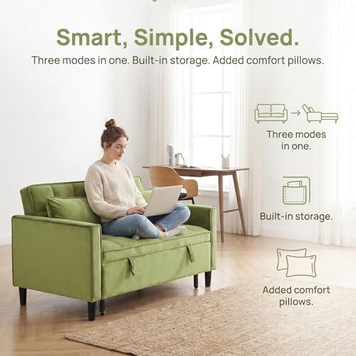 3 in 1 Convertible Sofa Bed, Loveseat Sleeper Sofa with Large Side Pockets, Pull Out Couch with Adjustable Backrest, Easy Assembly, Velvet Couch Bed for Small Spaces, Apartment, Green