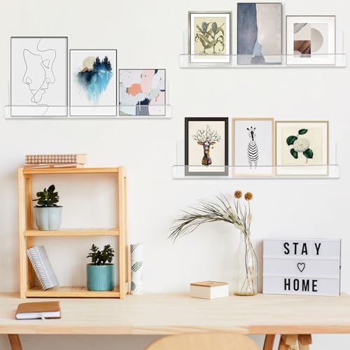 CECOLIC 4 Pack Clear Acrylic Floating Shelves for Wall, 15'' Plastic Wall Mounted Display Shelf Kids Bookshelf and Spice Organizer for Bedroom, Living Room, Kitchen, Bathroom, Office