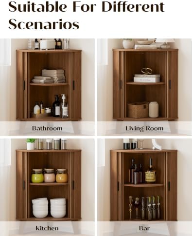 Corner Cabinet with Sliding Door and Storage, Small Bathroom Cabinet for Living Room, Kitchen, Corner Shelf Display Hutch Furniture, Walnut
