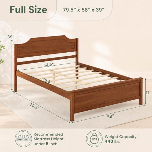 KOMFOTT Full Size Bed Frame with Headboard, Wood Platform Bed (Walnut)