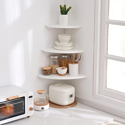 Corner Shelf, Solid Oak Wood Floating Corner Shelf Wall Mount Round End Floating Speaker with Wire Hole for Small Plant Photo for Bedroom Kitchen, Living Room White