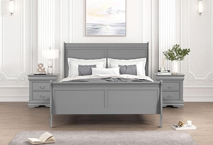 First of a Kind Louis Philippe Traditional Queen Size Bedroom Set 4 Piece Sleigh Design in Gray Finish - Elegant Modern Classic Solid Wood Bedroom Furniture Set