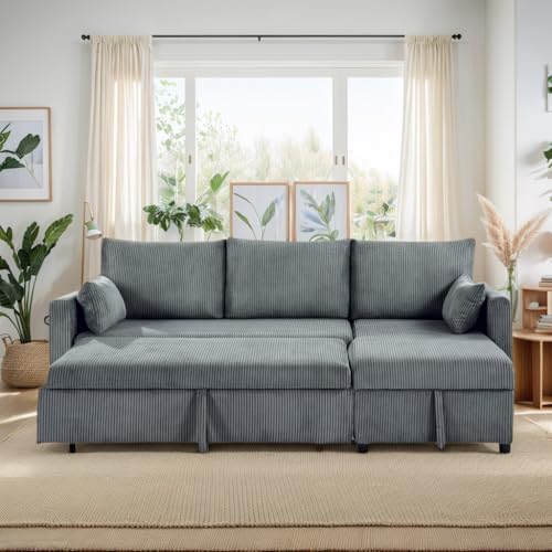 Sectional Sleeper Sofa with Pull Out Bed, LShape Convertible Sofa Bed Couch with Storage Chaise, 3 in 1 Pull Out Sofa Bed with 3 Seats, for Living Room,Apartment, Gray, 85Inch
