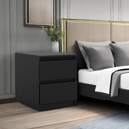2 Drawer Nightstand, Black Matte | Contemporary Design, Handle-Free