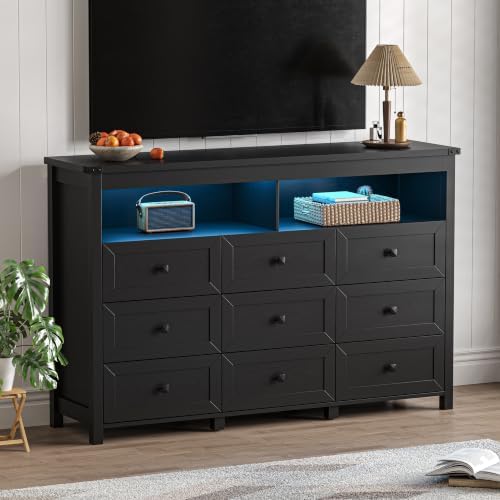 Dresser for Bedroom with 9 Drawers, LED Lights, Power Outlet, Black