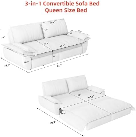 73.2" Sofa Bed Queen, 3-in-1 Pull Out Sofa Bed with Pillow Armrest, Modern Velvet Convertible Sleeper Futon Sofa for Living Room Small Space, Apartment, Bedroom, White