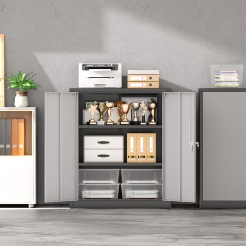Metal Garage Storage Cabinet, 36" Lockable Storage Cabinet with 2 Doors and 2 Adjustable Shelves, Steel Grey White File Cabinet Great for Home Office, Garage, Warehouse, Study Room