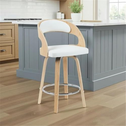 Shelly Modern Counter Height Swivel Bar Stool in Patterned Oak Finish with White Faux Leather Upholstered Seat Set of 4
