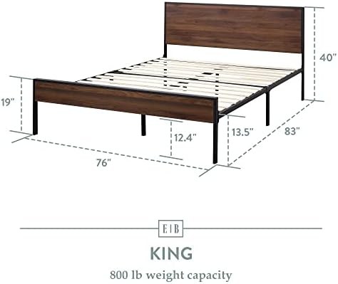 Edenbrook Bed Frame - Metal Platform Bed - Wood Headboard and Footboard - Box Spring Optional, King, Brown Oak