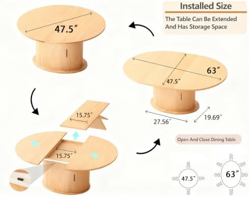 Extendable Round Dining Table for 2-4-6, 63 Inch Dining Room Kitchen Table with 2-Tier Storage Shelf, Modern Farmhouse Fluted Wood Slide Door Dinner Furniture,Oval Circle (Oak-63 Inch)