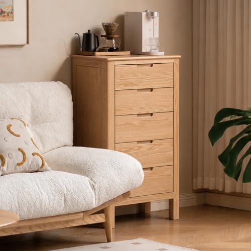Solid Oak Nightstand, 5 Drawer Bedside Table for Bedroom, Solid Wood Storage Organizer, Modern Side Table for Living Room, Hallway, Closet (Natural, 22.55" W x 15.75" D x 38.98" H)