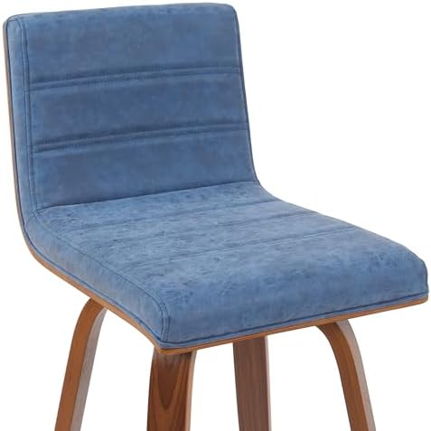 Armen Living Vienna Modern Swivel 30" Bar Height Barstool with Vintage Blue Faux Leather and Walnut Wood Finish