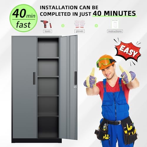 Bonusall 72" Metal Garage Storage Cabinet, 2 Locking Doors & 4 Adjustable Shelves Tall Storage, Heavy Duty Steel Tool Cabinet for Home, Office, Warehouse, School (Black Grey)