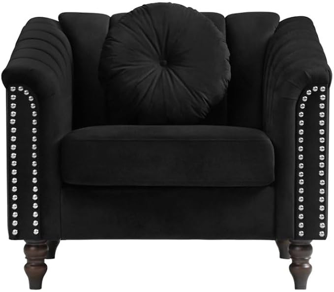Sectional Sofa Set, Microfiber Chesterfield Upholstered Sofas Loveseat Couch Chair Sets with Style Button Tufted, Scroll Arms and Nailhead for Living Room, Office, Apartment-Black,3PCS