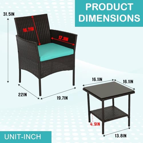 FDW 3-Piece Patio Furniture Set | Brown & Blue | Outdoor Wicker Furniture