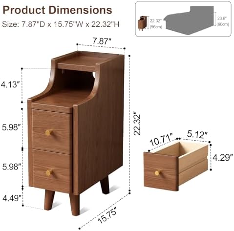 Narrow Nightstand with 2 Drawers,Solid Wood Bedside Table,Walnut Nightstand