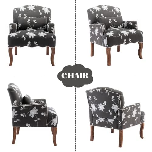 Mid Century Accent Chair Floral Reading Chair with Removable Pillow Wingback Arm Chair Upholstered Comfy Single Sofa for Living Room/Bedroom/Fireplace, Grey 1PC