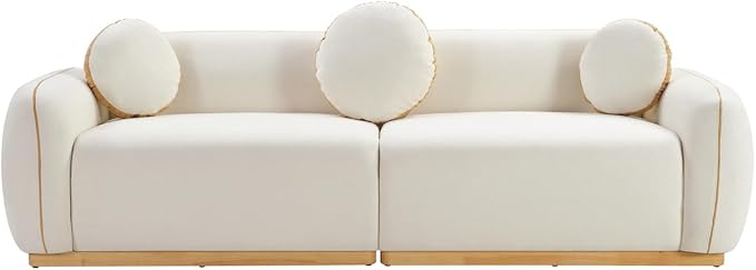 91'' Chenille Cloud Couch, 3 Seater Modern Luxury Sofa with 3 Round Pillows, Solid Wood Base, Easy Assembly, Plush Comfy Upholstered Couch for Living Room, Apartment (Cream White)