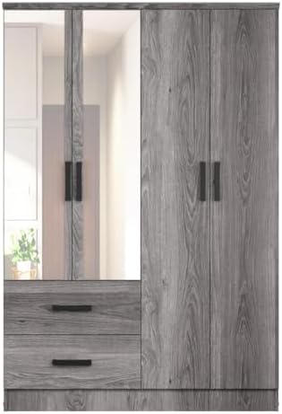 Woodpeckers Furniture And Mattress 4 Mirrored Doors Wardrobe 2 Drawers with Shelves 72 high (2 Mirrors, Grey)