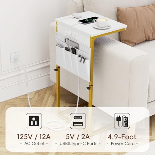 Vagusicc C-Shaped End Table with Charging Station, Small Side Table for Couch, 33" Tall C Table Adjustable Height Side Table, Couch Tables that Slide Under, Sofa Table TV Tray for Living Room, Golden